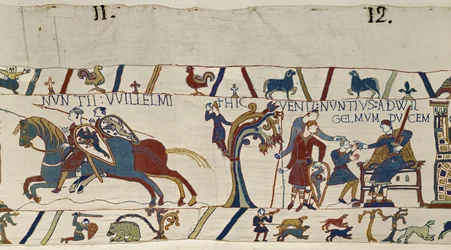 Gewapende ruiters van hertog Willem arriveren om Harold naar hem te begeleiden, Tapijt van Bayeux